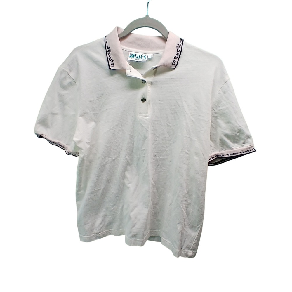 Lily's of Beverly Hills Vintage Cotton Polo Shirt White Pink Floral Trim L 4110